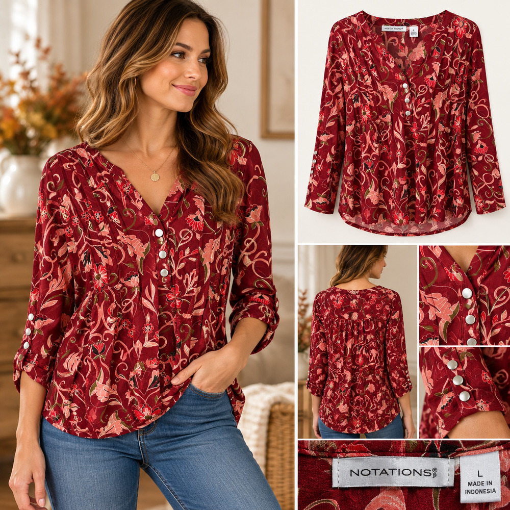 Notations Size Large Burgundy Floral Blouse 3/4 Sleeve Button Front Boho Top